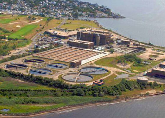 Aerial view of the Bergen Point Wastewater Treatment Plant in West Babylon